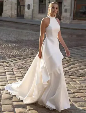 Luolandi Reception Open Back Casual Wedding Dresses A-Line Halter Sleeveless Court Train Satin Bridal Gowns With Solid