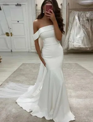 Luolandi Reception Sexy Wedding Dresses Mermaid / Trumpet Off Shoulder Cap Sleeve Sweep / Brush Train Stretch Fabric Bridal Gowns Solid Color Ivory
