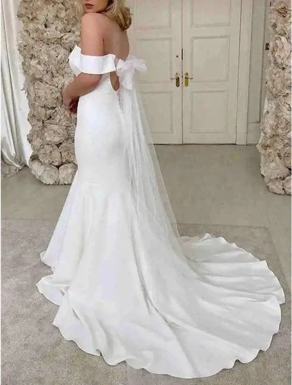 Luolandi Reception Sexy Wedding Dresses Mermaid / Trumpet Off Shoulder Cap Sleeve Sweep / Brush Train Stretch Fabric Bridal Gowns Solid Color Ivory