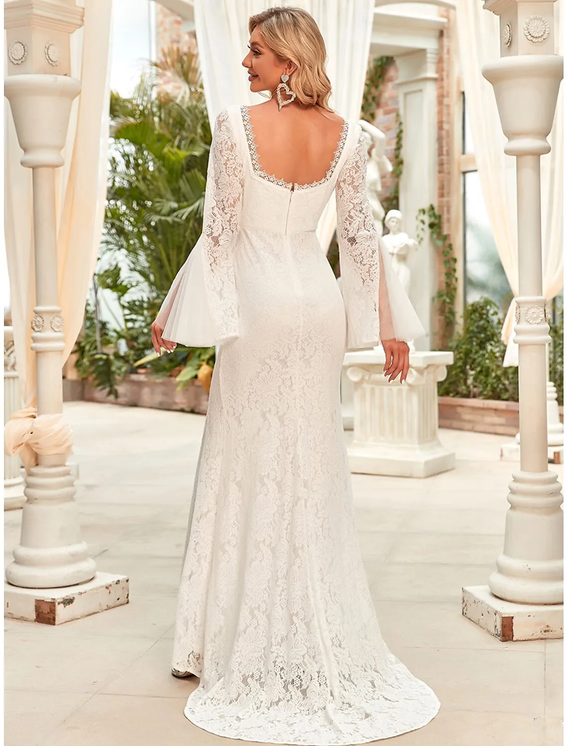 Luolandi Reception Wedding Dresses Mermaid / Trumpet Square Neck Long Sleeve Sweep / Brush Train Lace Bridal Gowns With Split