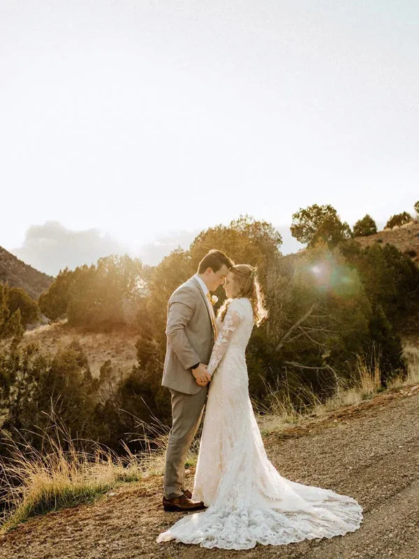 Luolandi Simple Lace Longsleeves Wedding Dresses Appliqued Tulle Bridal Gowns Charming