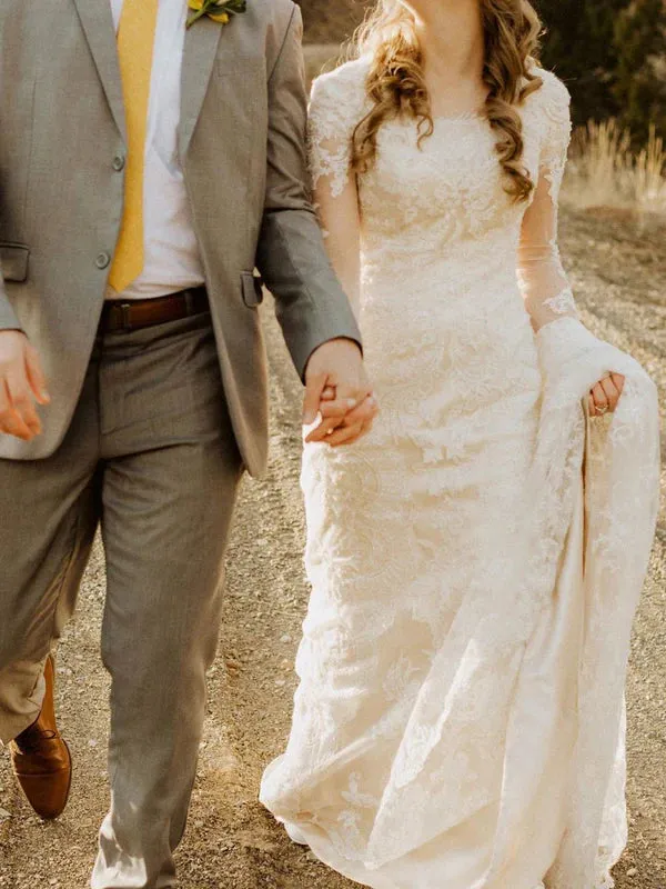 Luolandi Simple Lace Longsleeves Wedding Dresses Appliqued Tulle Bridal Gowns Charming