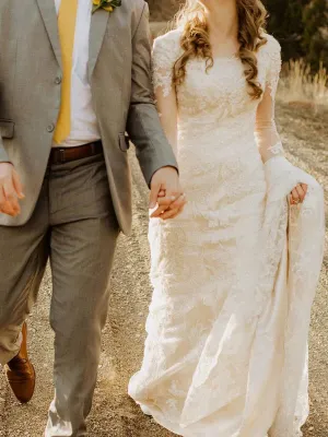 Luolandi Simple Lace Longsleeves Wedding Dresses Appliqued Tulle Bridal Gowns Charming