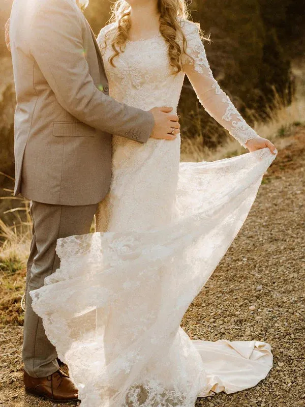 Luolandi Simple Lace Longsleeves Wedding Dresses Appliqued Tulle Bridal Gowns Charming