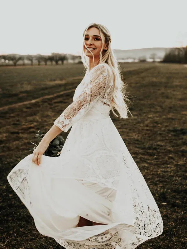 Luolandi Simple Long Sleeves Lace Backless Wedding Dresses A-line Bridal Gowns Elegant