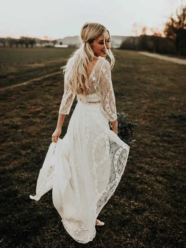 Luolandi Simple Long Sleeves Lace Backless Wedding Dresses A-line Bridal Gowns Elegant