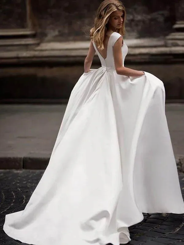 Luolandi Simple Satin Wedding Dresses A-line Bridal Gowns Floor Length Solid Color Elegant