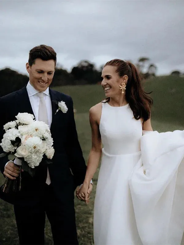 Luolandi Simple Satin Wedding Dresses A-line Long Bridal Gowns Sleeveless Solid Color Elegant