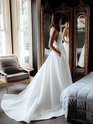 Luolandi Simple Satin Wedding Dresses A-line Long Bridal Gowns Sleeveless Solid Color Elegant