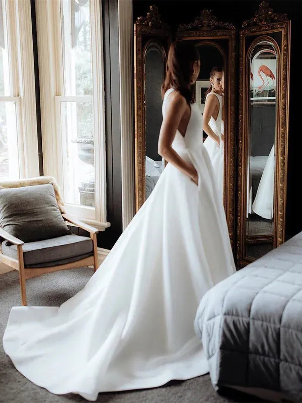 Luolandi Simple Satin Wedding Dresses A-line Long Bridal Gowns Sleeveless Solid Color Elegant
