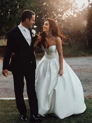 Luolandi Simple Sweetheart A-line Wedding Dresses Satin Bridal Gowns Off Shoulder Elegant