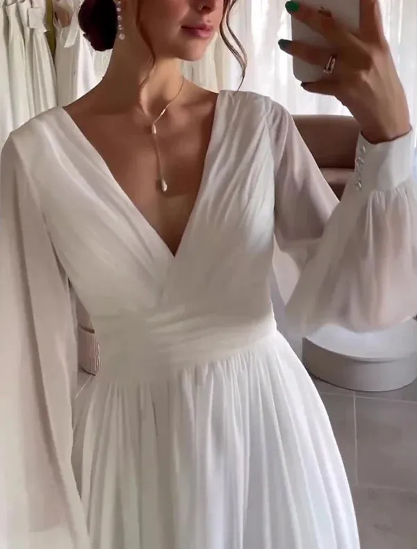 Luolandi Simple Wedding Dresses Knee Length Satin Bridal Gowns V-neck Long Sleeve White