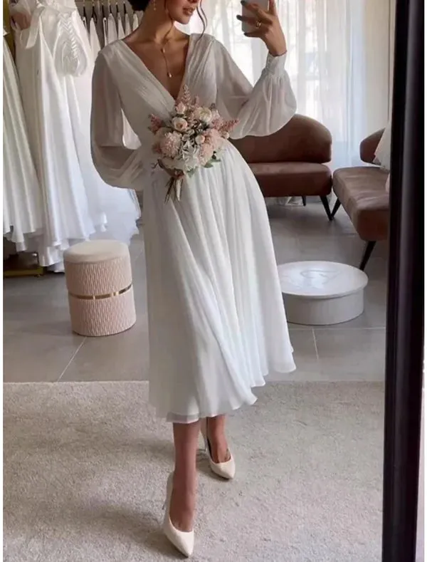 Luolandi Simple Wedding Dresses Knee Length Satin Bridal Gowns V-neck Long Sleeve White