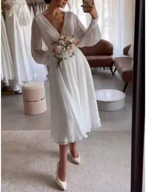 Luolandi Simple Wedding Dresses Knee Length Satin Bridal Gowns V-neck Long Sleeve White