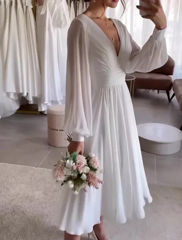 Luolandi Simple Wedding Dresses Knee Length Satin Bridal Gowns V-neck Long Sleeve White