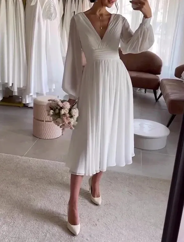 Luolandi Simple Wedding Dresses Knee Length Satin Bridal Gowns V-neck Long Sleeve White