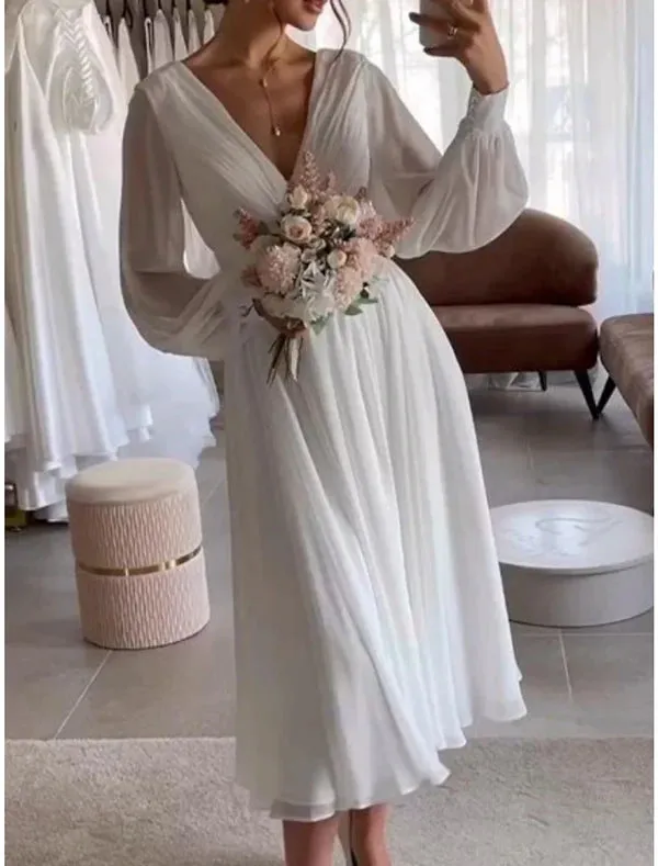 Luolandi Simple Wedding Dresses Knee Length Satin Bridal Gowns V-neck Long Sleeve White