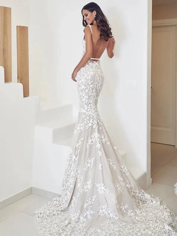Luolandi Spaghetti Straps Mermaid Wedding Dresses Lace Appliqued Gowns V-neck Sexy Elegant