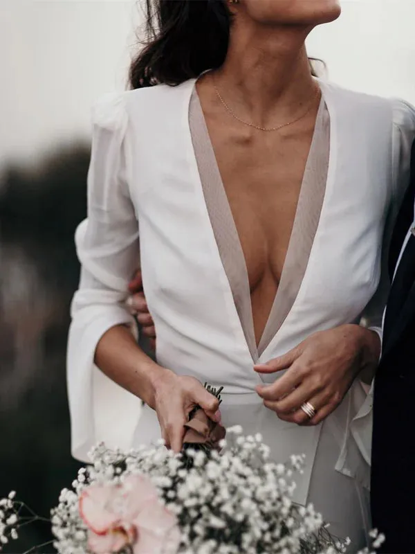 Luolandi Stunning Chiffon A-line Wedding Dresses V-neck Long Bridal Gowns Formal Dress With Slit Sexy