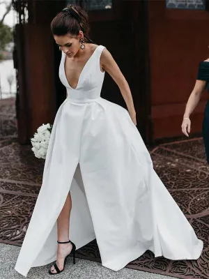 Luolandi Stunning V-neck Satin Wedding Dresses A-line Bridal Gowns Simple Sexy Elegant Luolandi Stunning V-neck Satin Wedding Dresses A-line Bridal Gowns Simple Sexy Elegant