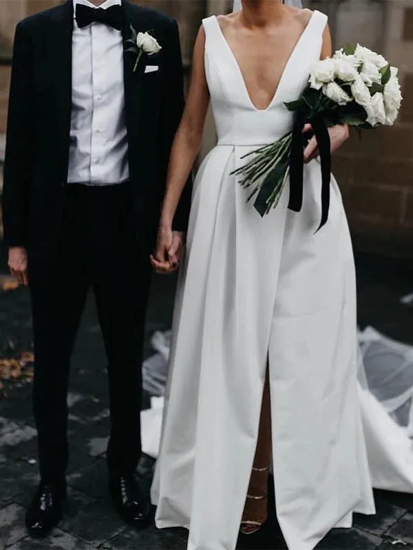 Luolandi Stunning V-neck Satin Wedding Dresses A-line Bridal Gowns Simple Sexy Elegant