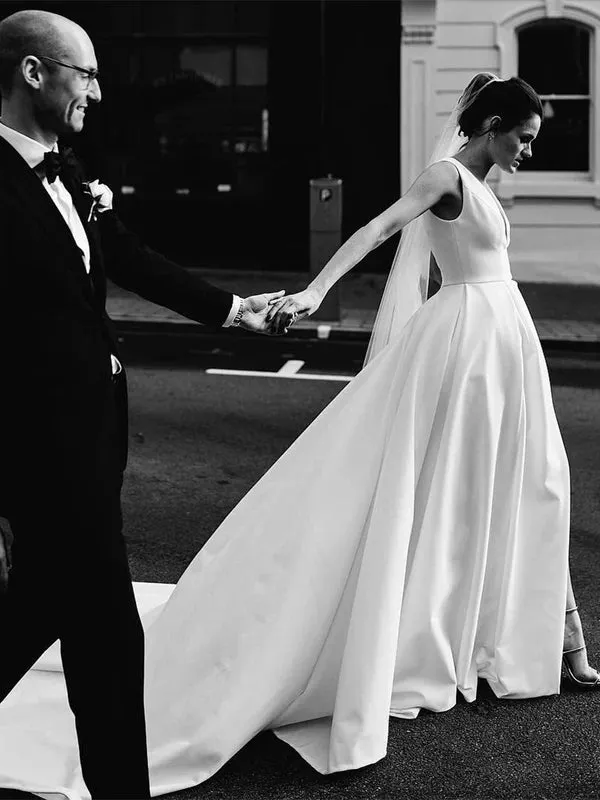 Luolandi Stunning V-neck Satin Wedding Dresses A-line Bridal Gowns Simple Sexy Elegant
