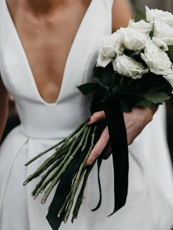 Luolandi Stunning V-neck Satin Wedding Dresses A-line Bridal Gowns Simple Sexy Elegant
