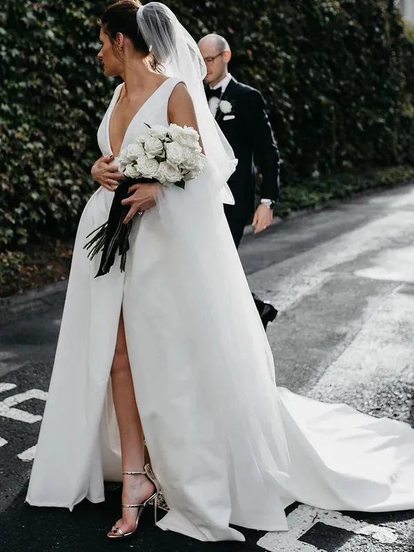 Luolandi Stunning V-neck Satin Wedding Dresses A-line Bridal Gowns Simple Sexy Elegant