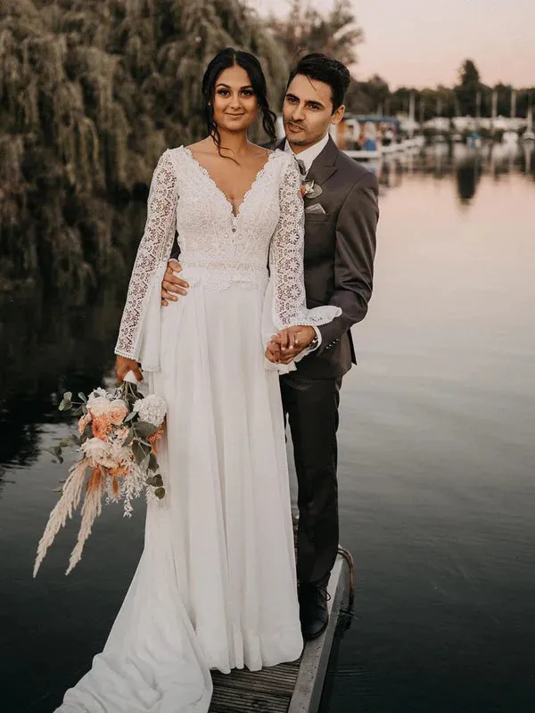 Luolandi Vintage Mandarin Sleeves Chiffon V-Neck Wedding Dresses Backless Bridal Gowns Elegant
