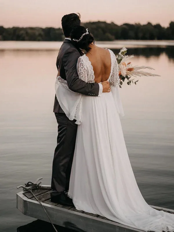 Luolandi Vintage Mandarin Sleeves Chiffon V-Neck Wedding Dresses Backless Bridal Gowns Elegant