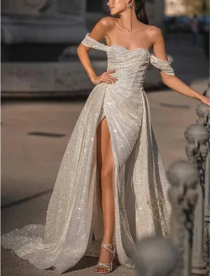 Luolandi Wedding Dresses A-Line Off Shoulder Sleeveless Sweep / Brush Train Sequined Bridal Gowns With Pleats Sparkly Evening Dress