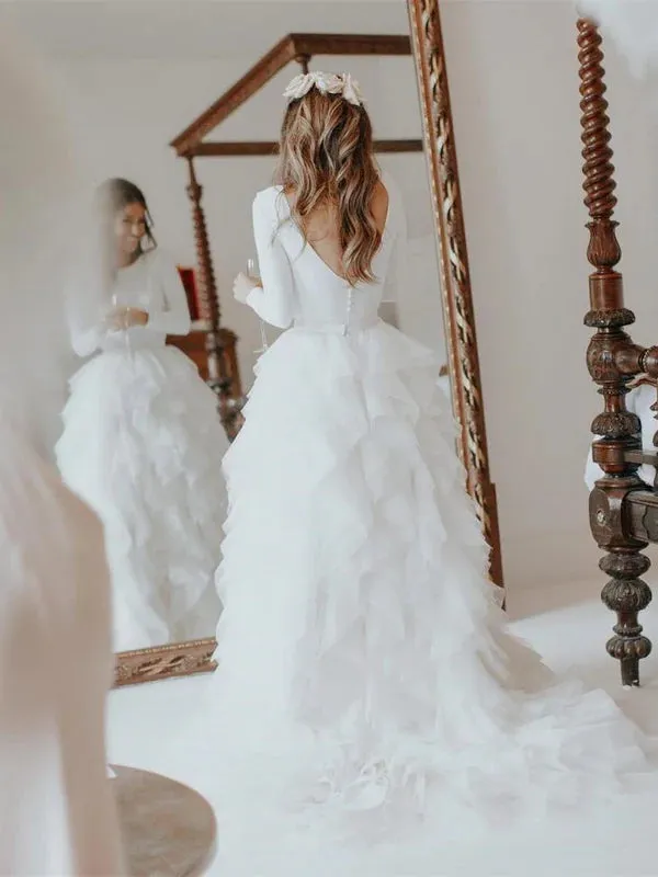 Luolandi Wonderful Satin Wedding Dresses Long Sleeves Tasseled Gowns Floor Length Elegant