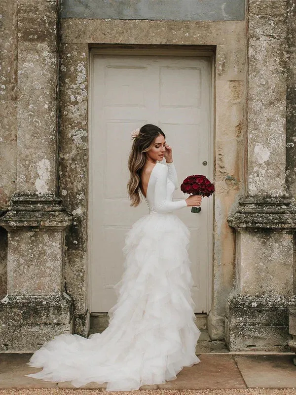 Luolandi Wonderful Satin Wedding Dresses Long Sleeves Tasseled Gowns Floor Length Elegant