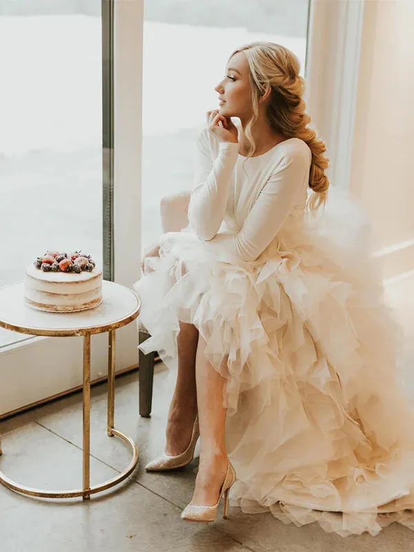 Luolandi Wonderful Satin Wedding Dresses Long Sleeves Tasseled Gowns Floor Length Elegant