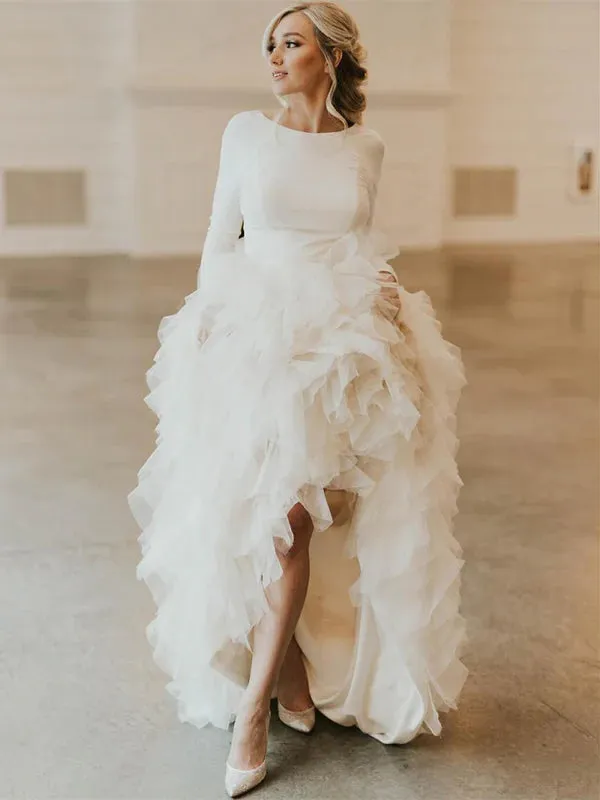 Luolandi Wonderful Satin Wedding Dresses Long Sleeves Tasseled Gowns Floor Length Elegant