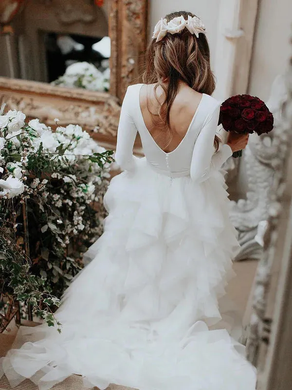 Luolandi Wonderful Satin Wedding Dresses Long Sleeves Tasseled Gowns Floor Length Elegant