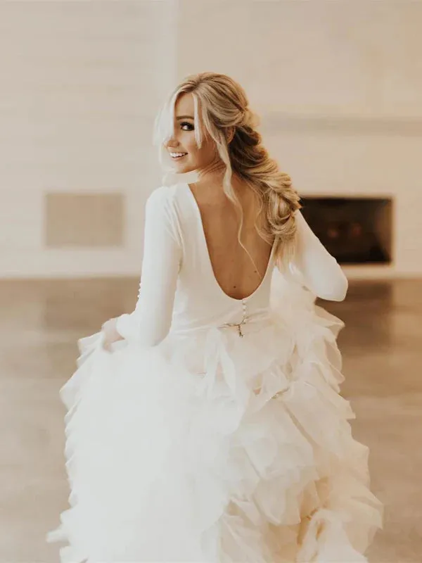 Luolandi Wonderful Satin Wedding Dresses Long Sleeves Tasseled Gowns Floor Length Elegant