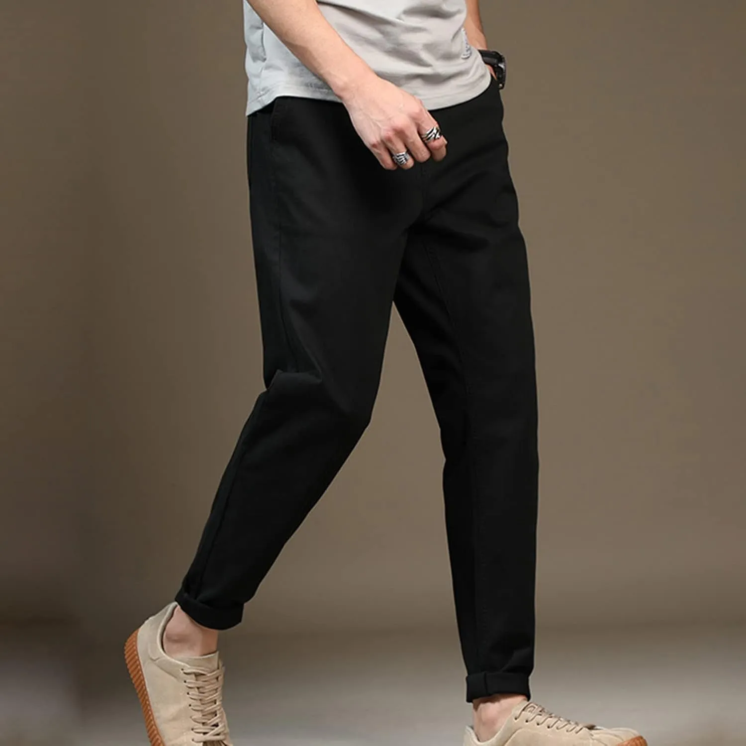 Lu's Chic Men's Chino Pants Cotton Lightweight Stretch Cuffed Slim Fit Tapered Fitted Trousers Casual Pants Streetwear