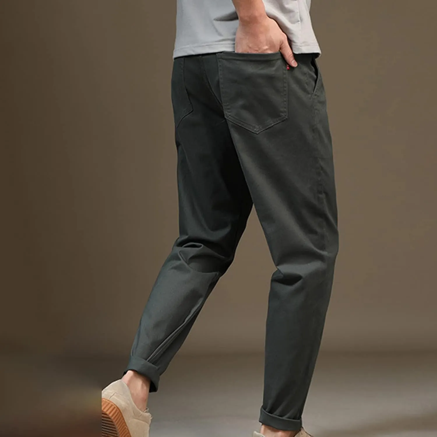 Lu's Chic Men's Chino Pants Cotton Lightweight Stretch Cuffed Slim Fit Tapered Fitted Trousers Casual Pants Streetwear