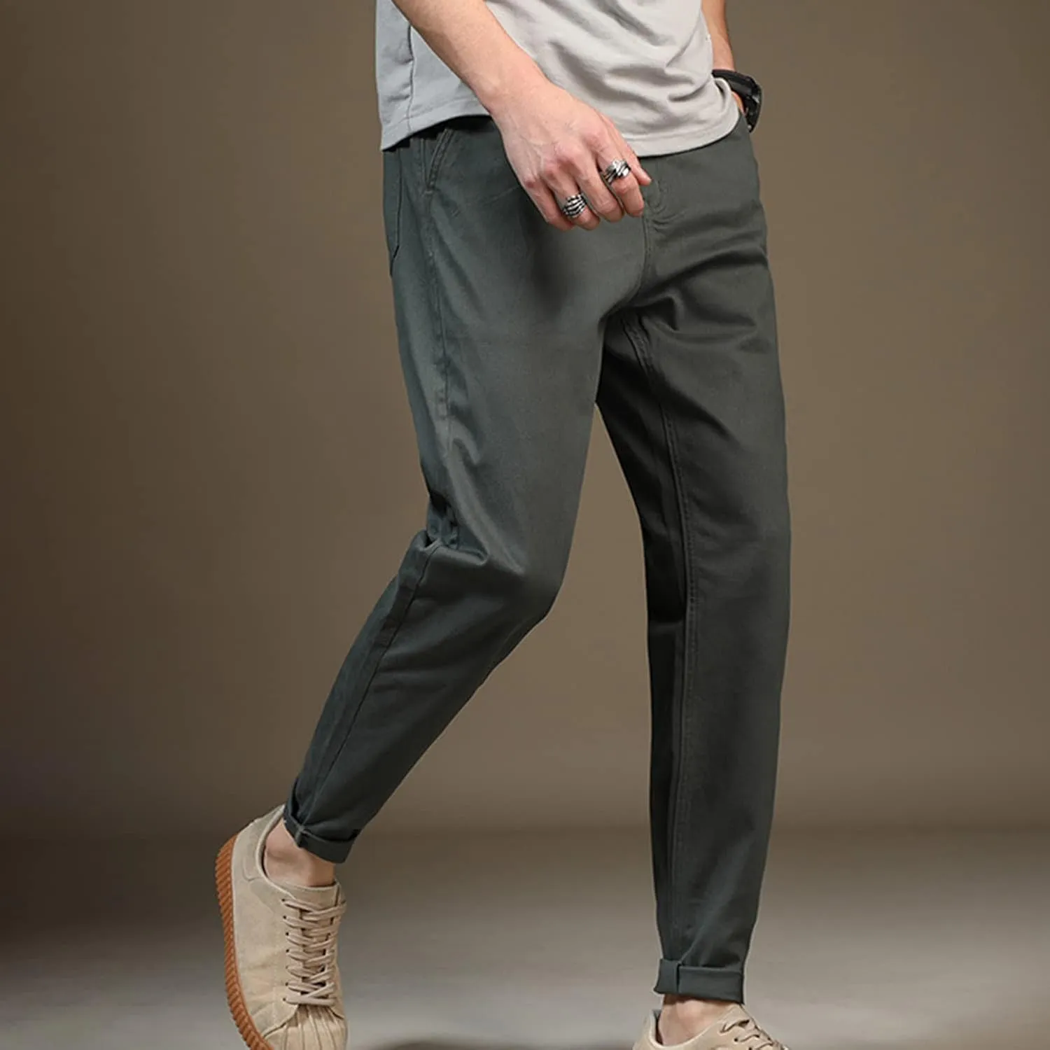 Lu's Chic Men's Chino Pants Cotton Lightweight Stretch Cuffed Slim Fit Tapered Fitted Trousers Casual Pants Streetwear