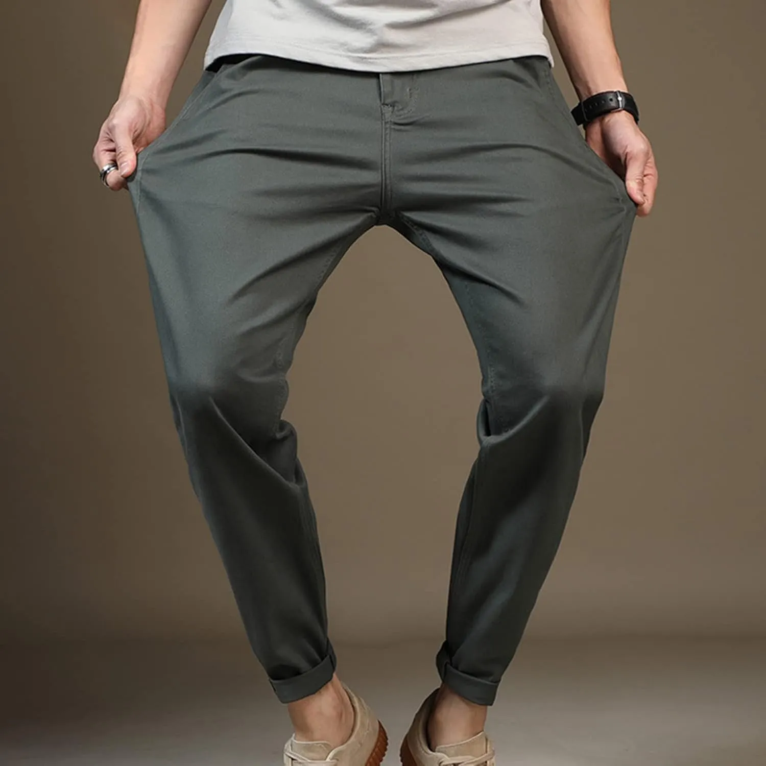Lu's Chic Men's Chino Pants Cotton Lightweight Stretch Cuffed Slim Fit Tapered Fitted Trousers Casual Pants Streetwear