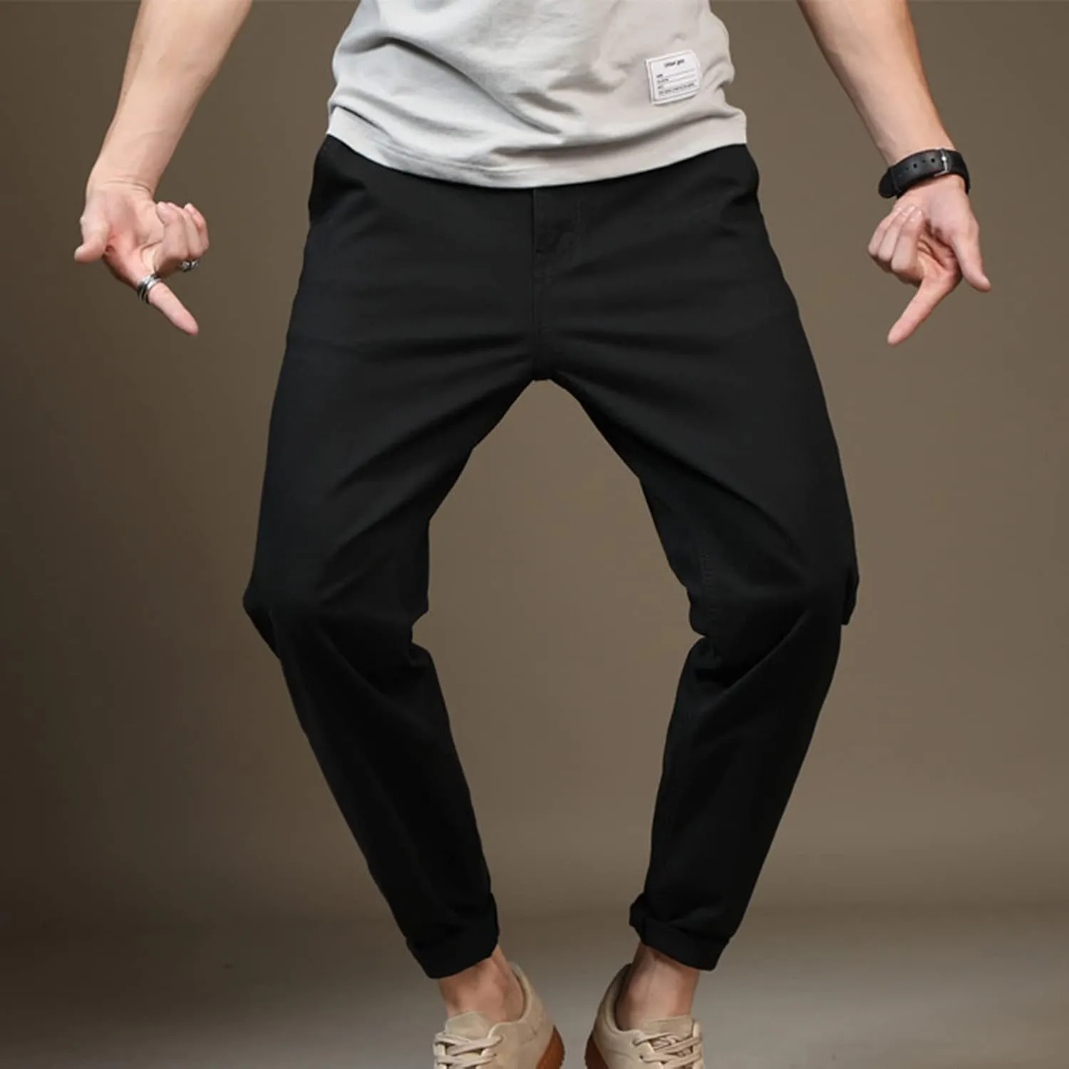 Lu's Chic Men's Chino Pants Cotton Lightweight Stretch Cuffed Slim Fit Tapered Fitted Trousers Casual Pants Streetwear