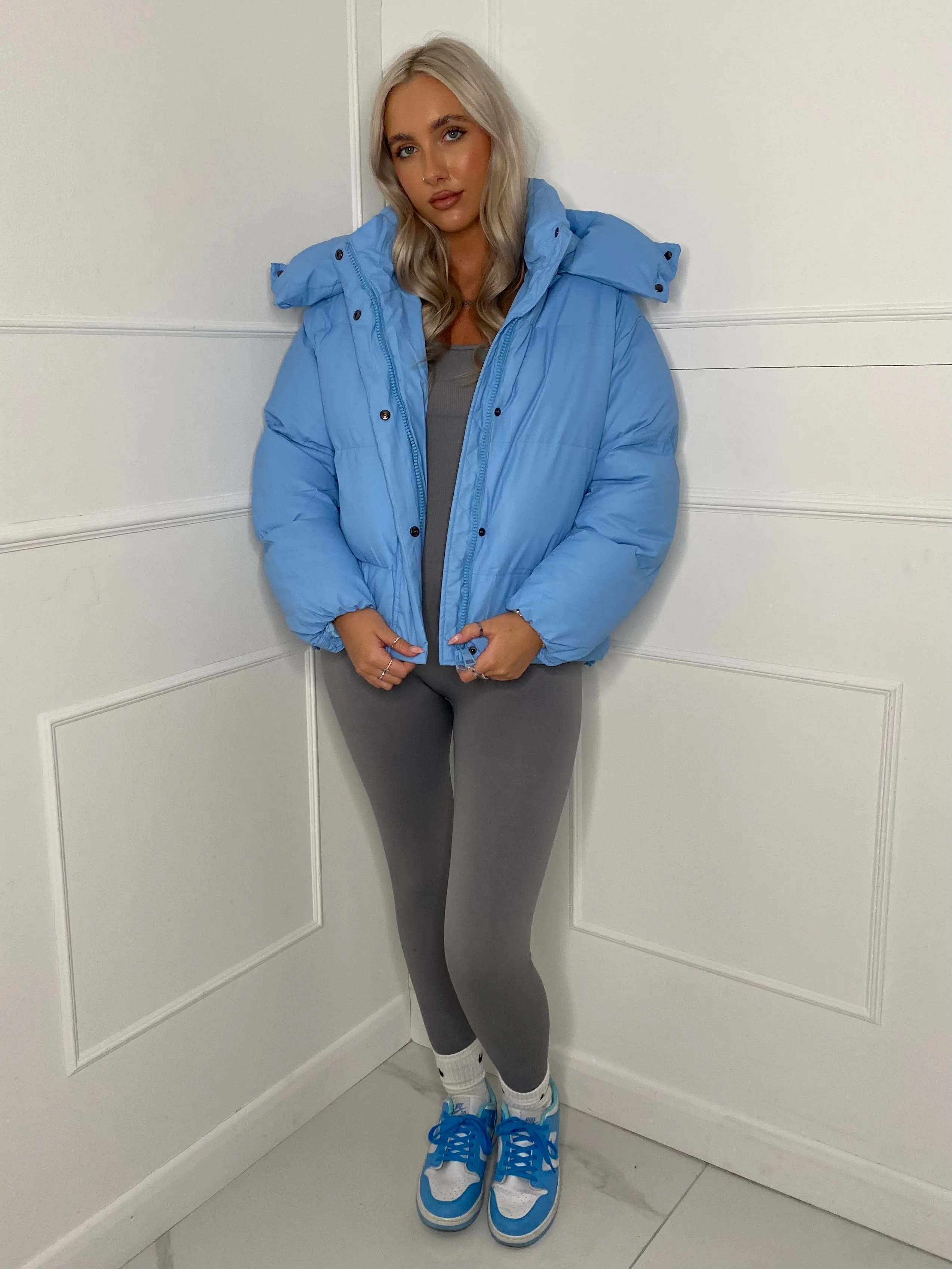 Matte PU Oversized Puffer Coat - Baby Blue
