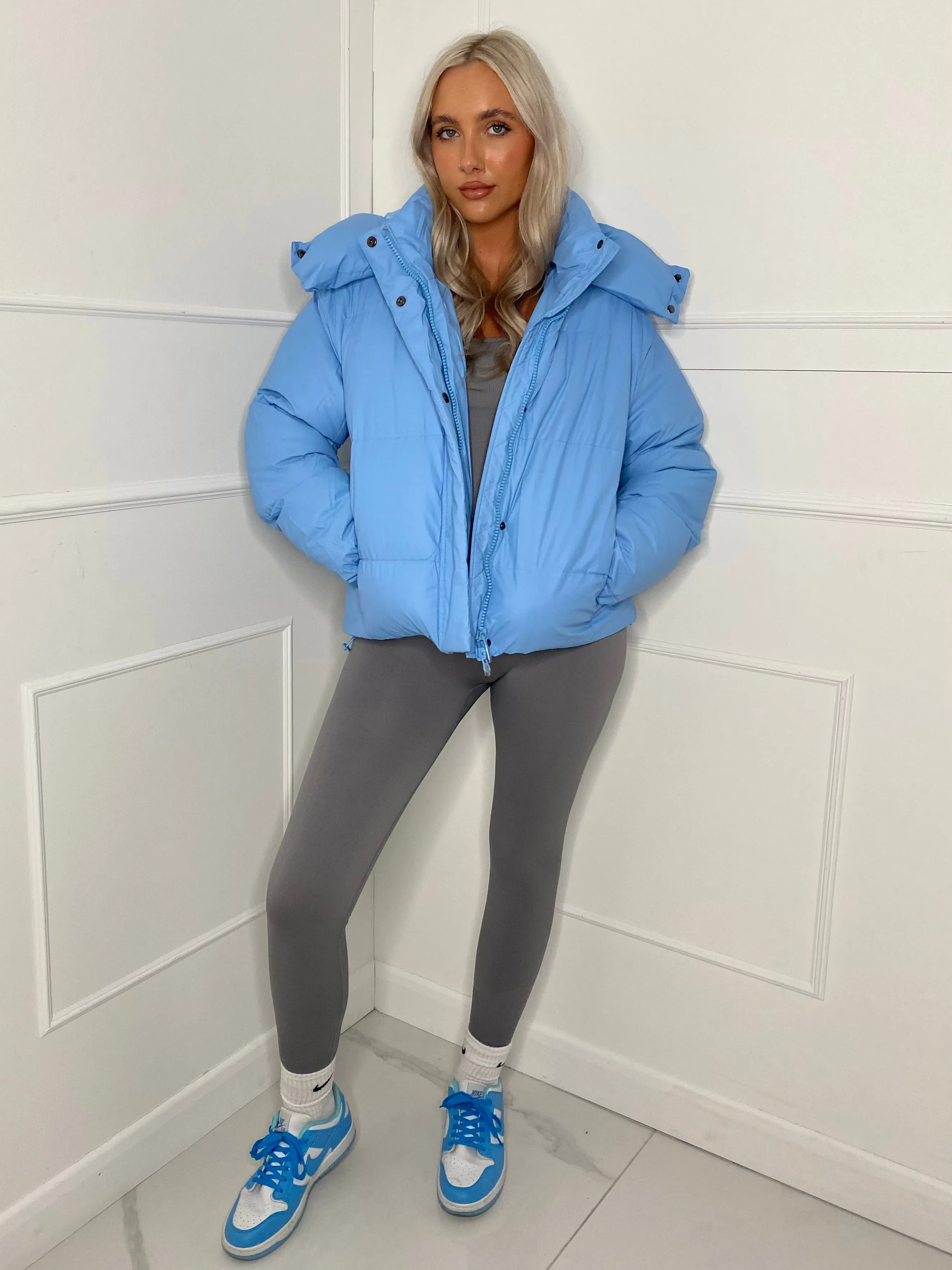 Matte PU Oversized Puffer Coat - Baby Blue
