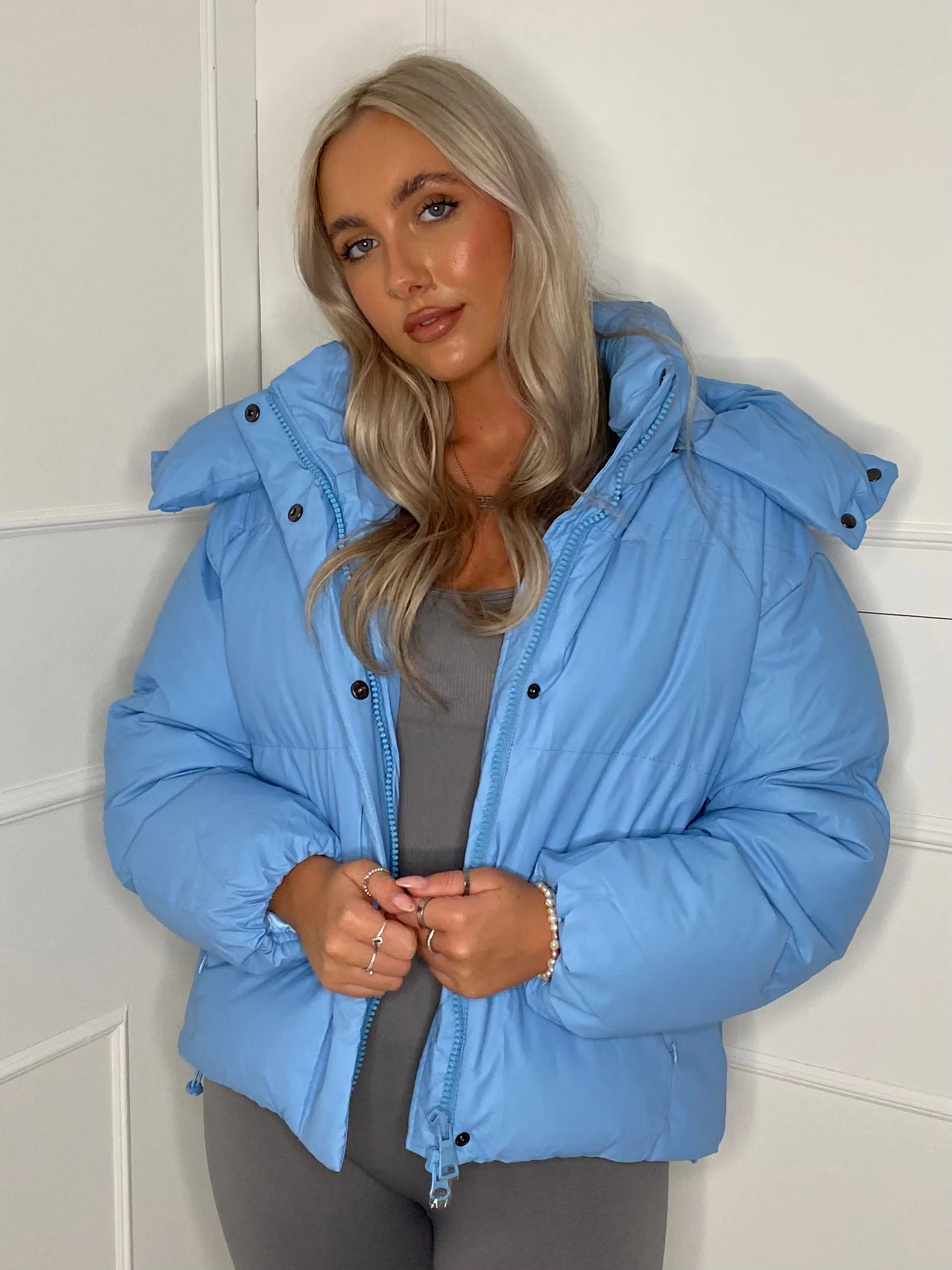 Matte PU Oversized Puffer Coat - Baby Blue