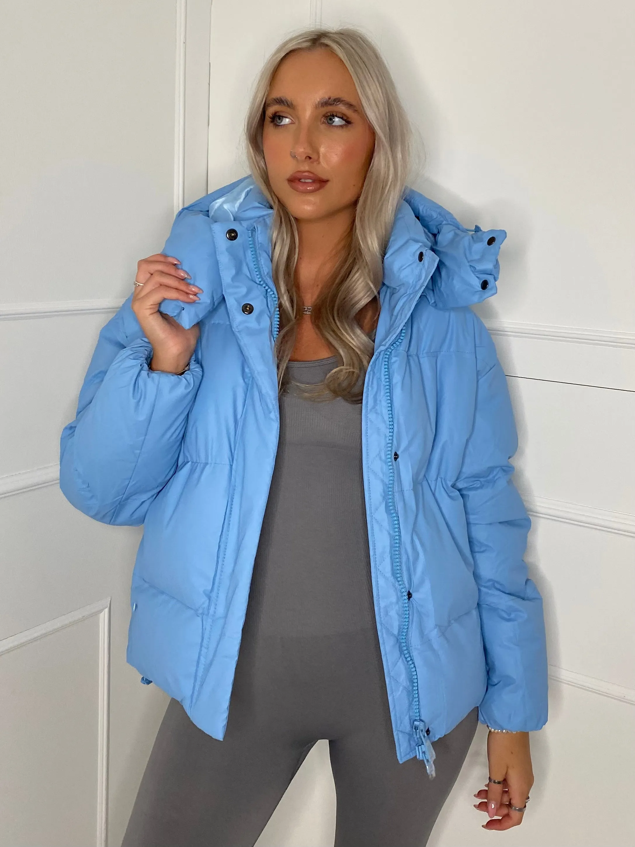 Matte PU Oversized Puffer Coat - Baby Blue