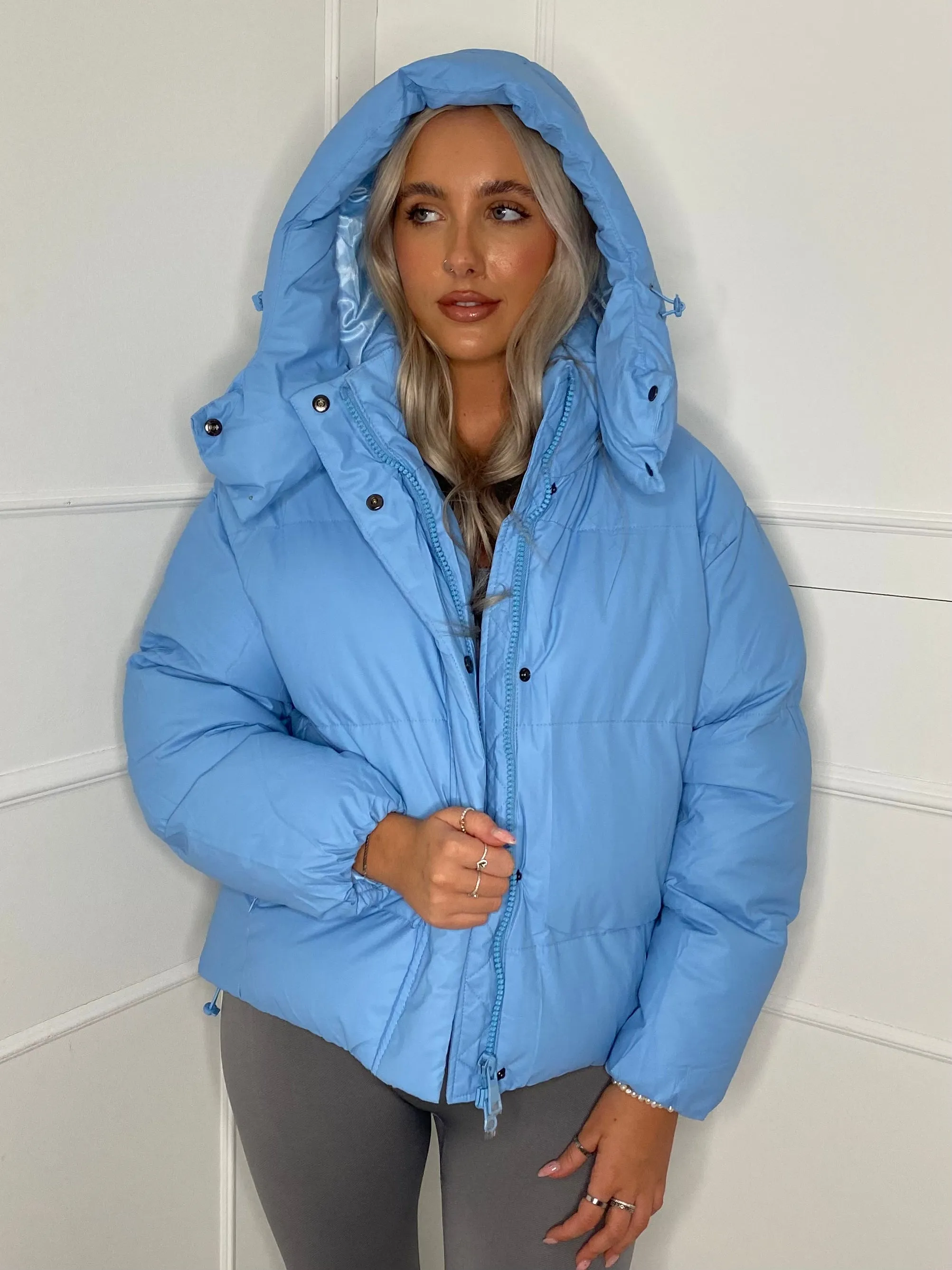 Matte PU Oversized Puffer Coat - Baby Blue