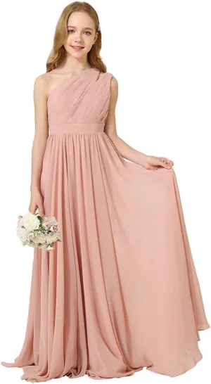 MCieloLuna Girls Chiffon Wedding Bridesmaid Dress One Shoulder A-Line Flower Girl Dresses Formal Evening Party Maxi Gown