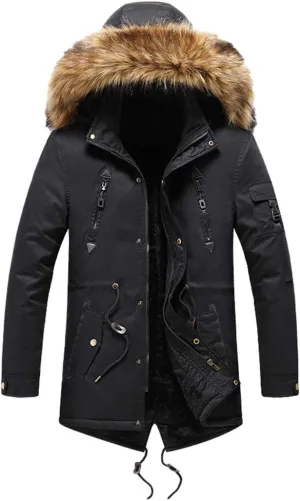 Men Winter Long Parkas Coats,Fur Collar Hooded Cotton Padded Male Velvet Warm Jacket Outdoor Windproof Overcoats
