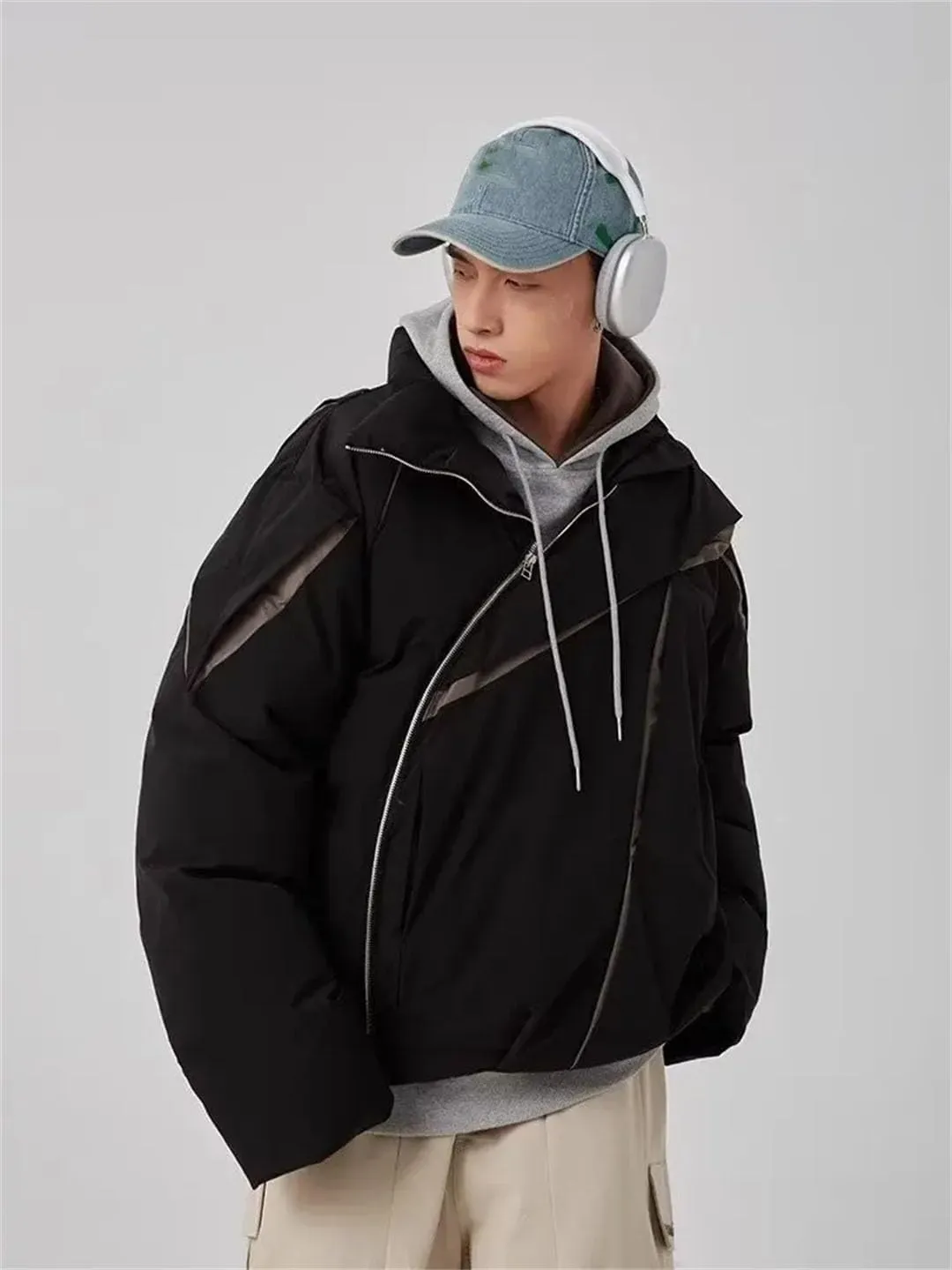 Men Women Cotton Padded Jacket Coat High Street Thicken Warm Stand Collar Loose Outwear